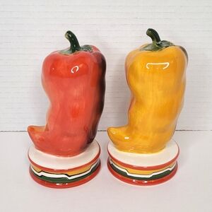 Chili Pepper Shaped Large Vintage Salt and Pepper Shakers Set Clay Art Excellent